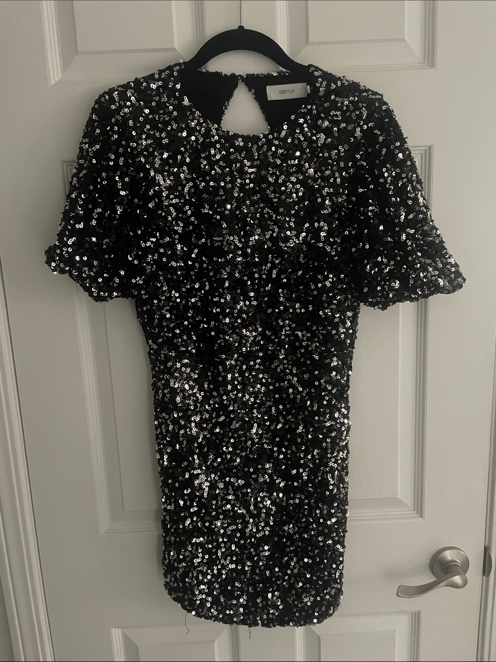 Greylin Black Sequin Mini Dress with Short Flutter Sleeves